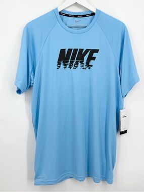Nike Swim Men's Shirt Logo Graphic Short Sleeve Dri Fit UPF 40+ Blue Size Large